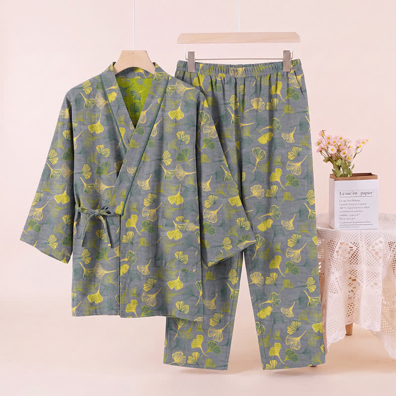 Ginkgo Leaf Cotton Kimono Lounge Pajama Set - image 8