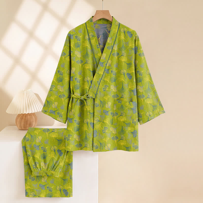 Ginkgo Leaf Cotton Kimono Lounge Pajama Set - image 3