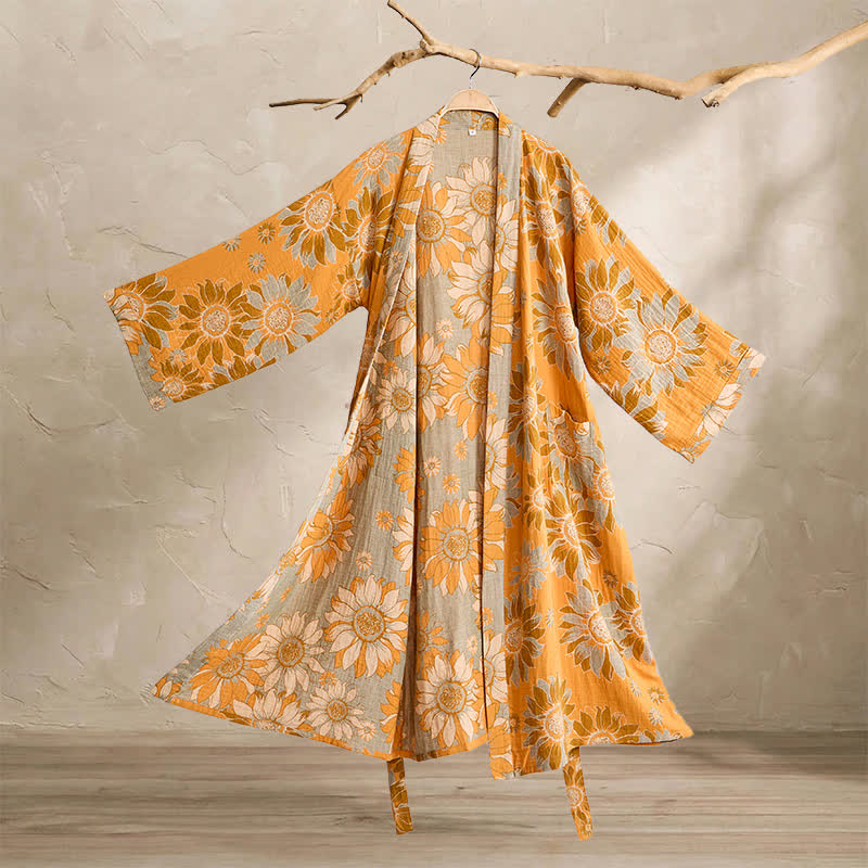 Vintage Sunflower Cotton Kimono Bathrobe - Orange - 2XL - image 0