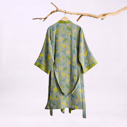 Green Gray Ginkgo Leaf Cotton Kimono Robe - image 5