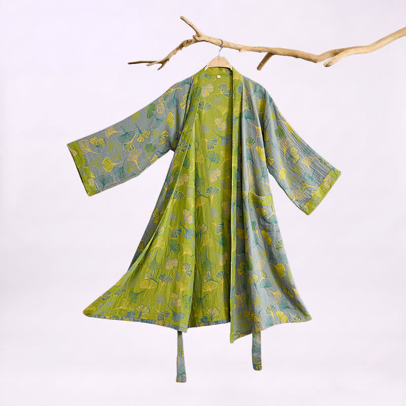 Green Gray Ginkgo Leaf Cotton Kimono Robe - Grey - 2XL - image 4