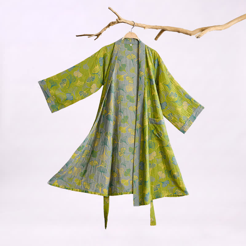 Green Gray Ginkgo Leaf Cotton Kimono Robe - Green - 2XL - image 0