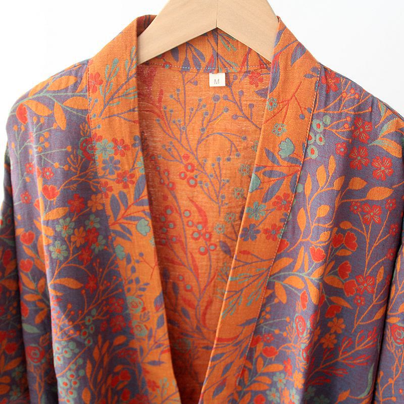 Vintage Leaf Cotton Gauze Kimono Robe - image 4