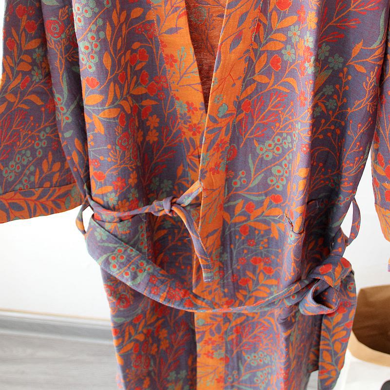 Vintage Leaf Cotton Gauze Kimono Robe - image 5