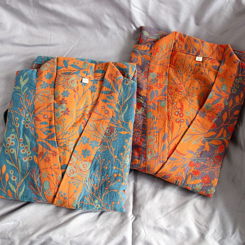Vintage Leaf Cotton Gauze Kimono Robe - image 1