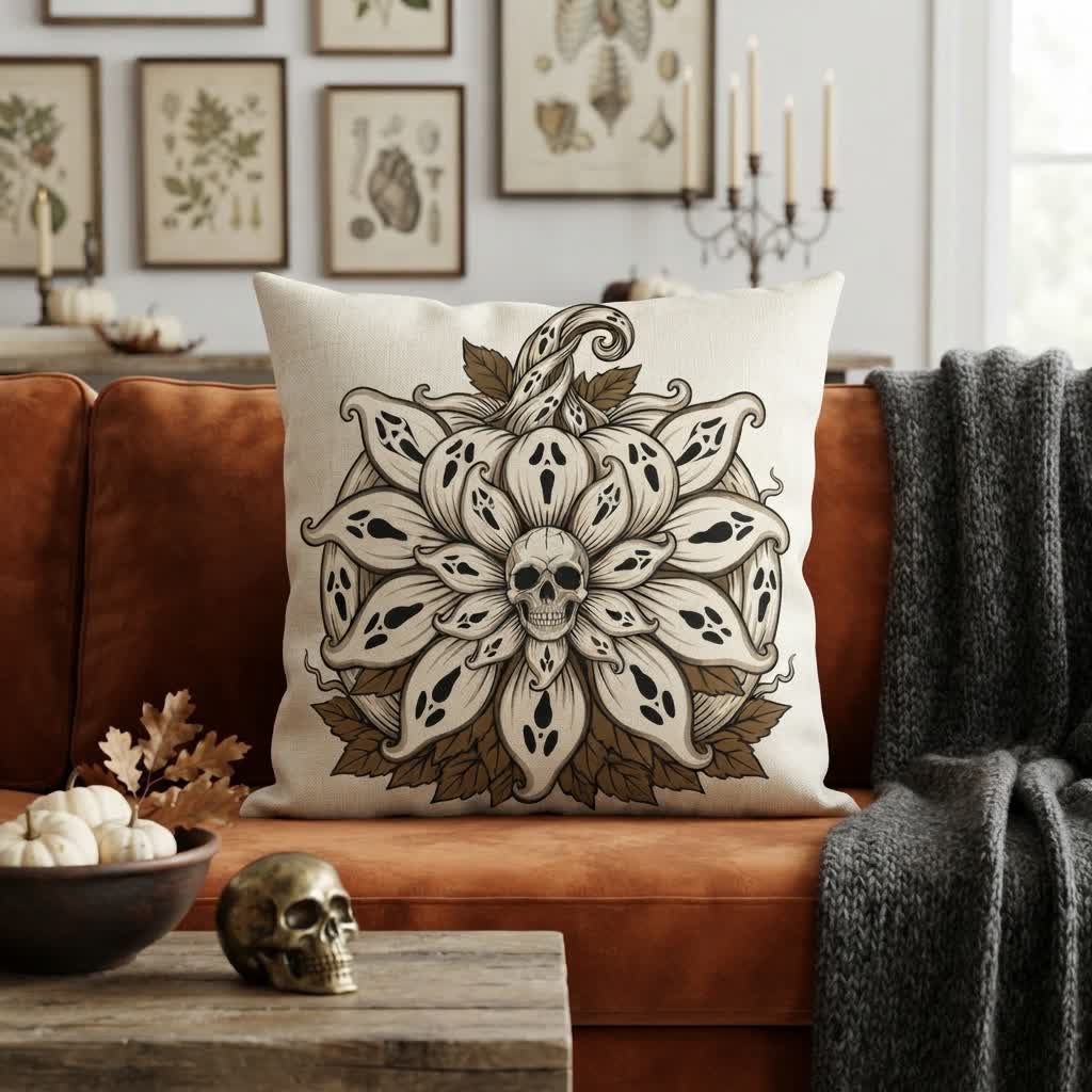 Ghost-Sunflower Mandala Skull Throw Pillow - image 1