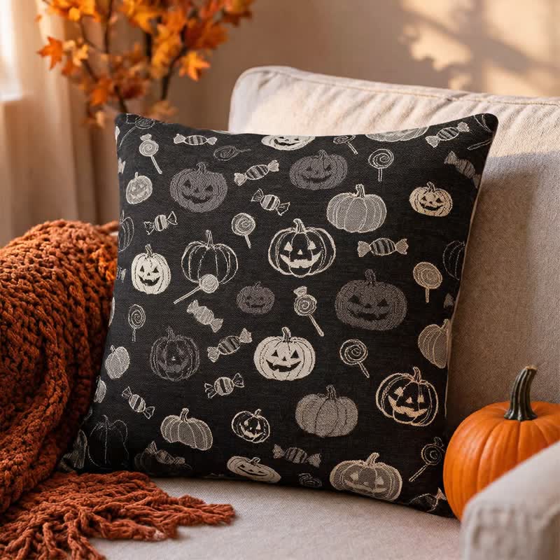Halloween Pumpkin Candy Cotton Pillow - Black - 18" x 18" - With Insert - image 0