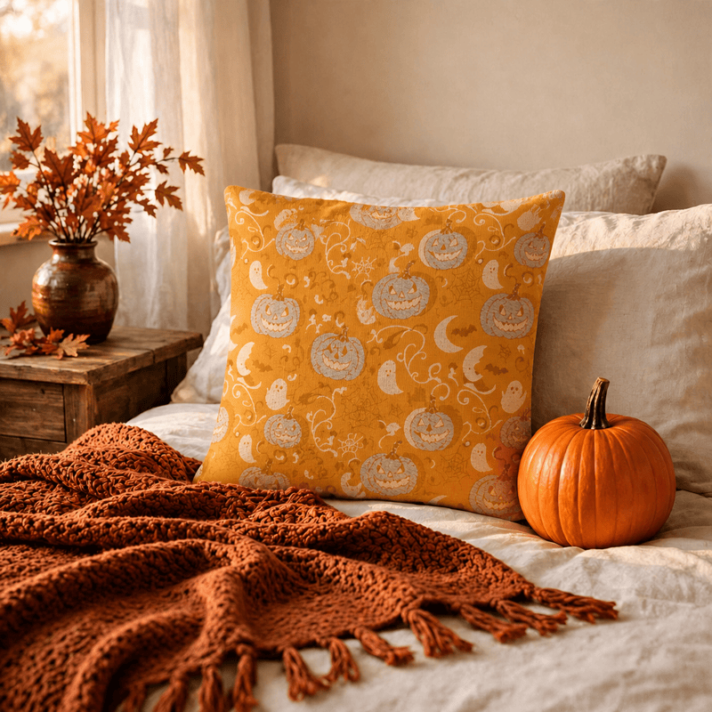 Orange Pumpkin Ghost Cotton Throw Pillow - Orange - 18" x 18" - With Insert - image 0