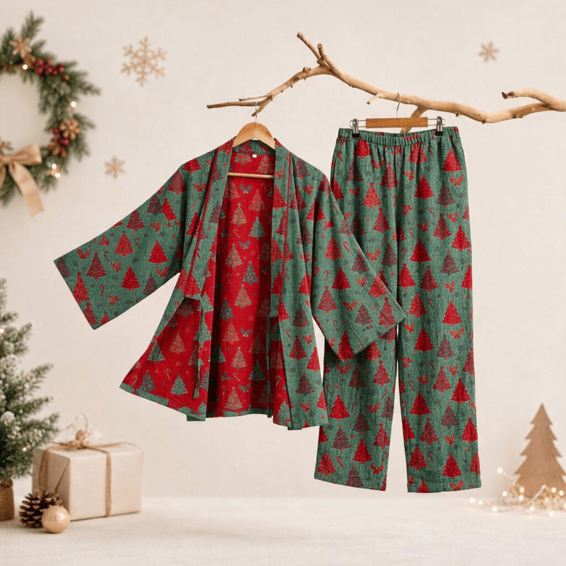 Christmas Tree Cotton Kimono Loungewear Set - Green - XL - image 1