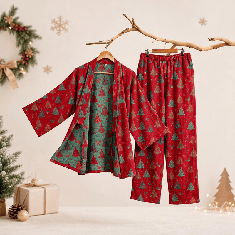 Christmas Tree Cotton Kimono Loungewear Set - Red - XL - image 8