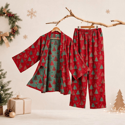 Christmas Tree Cotton Kimono Loungewear Set - Red - XL - image 8