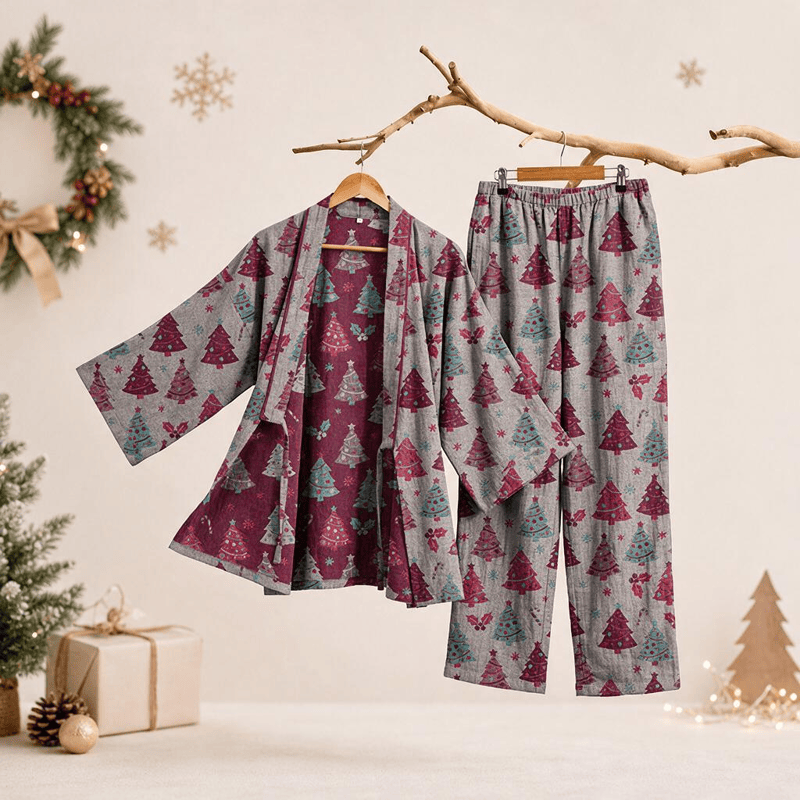 Christmas Tree Cotton Kimono Loungewear Set - Beige - XL - image 24