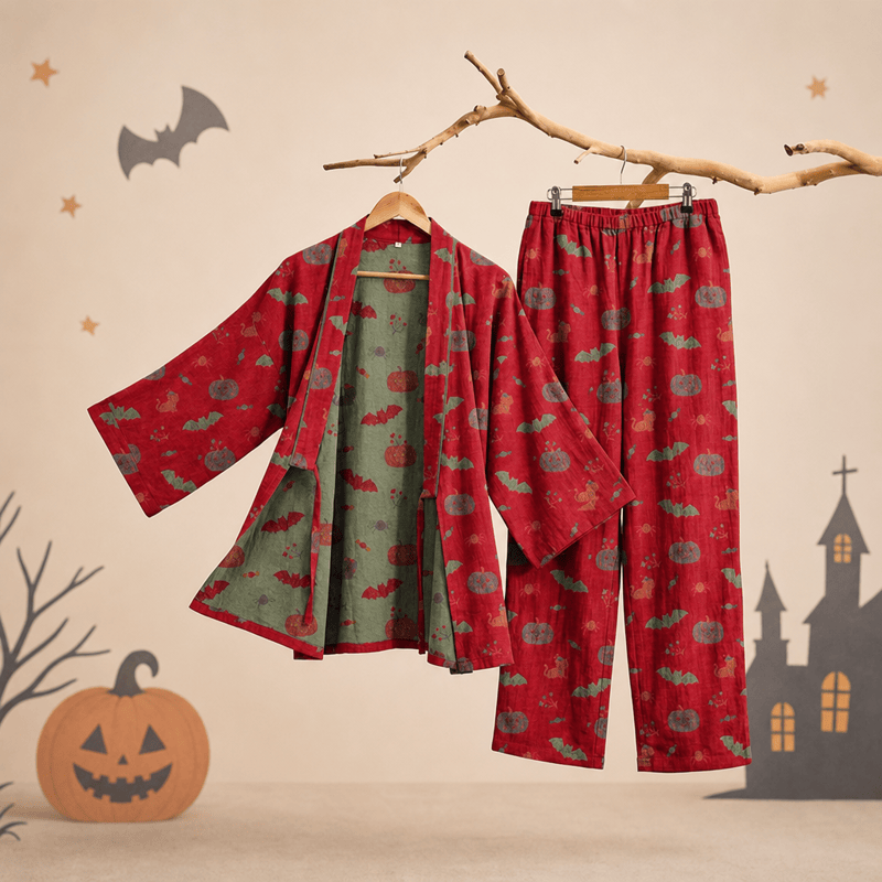 Halloween Pumpkin Bat Cotton Pajama Set - Red - XL - image 1