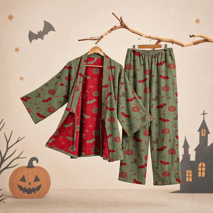 Halloween Pumpkin Bat Cotton Pajama Set - Green - XL - image 10