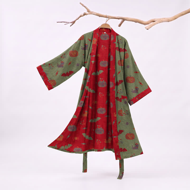 Halloween Pumpkin Cat Cotton Kimono Robe - Green - XXL - image 6