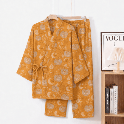 Halloween Pumpkin Ghost Cotton Kimono Pajama Set - Orange - XL - image 0