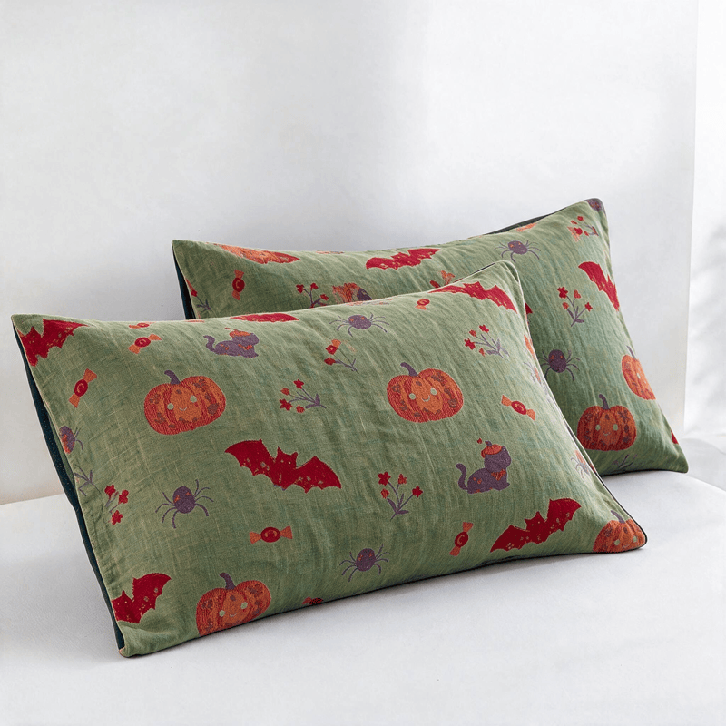 Halloween Pumpkin Cat Spider Cotton Blanket - Green - 2PCS Pillowcases - 20" x 36" - image 11