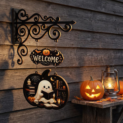 Spooky & Cute Pumpkin Hanging Wooden Door Sign - Reading - 4PCS - 10"W x 15"H - image 0