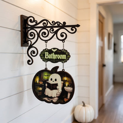 Spooky & Cute Pumpkin Hanging Wooden Door Sign - Bathroom - 4PCS - 10"W x 15"H - image 2