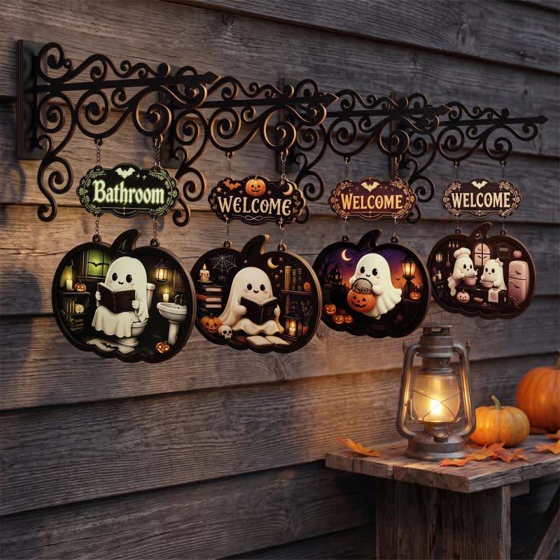 Spooky & Cute Pumpkin Hanging Wooden Door Sign - Set 4 Patterns - 4PCS - 10"W x 15"H - image 1