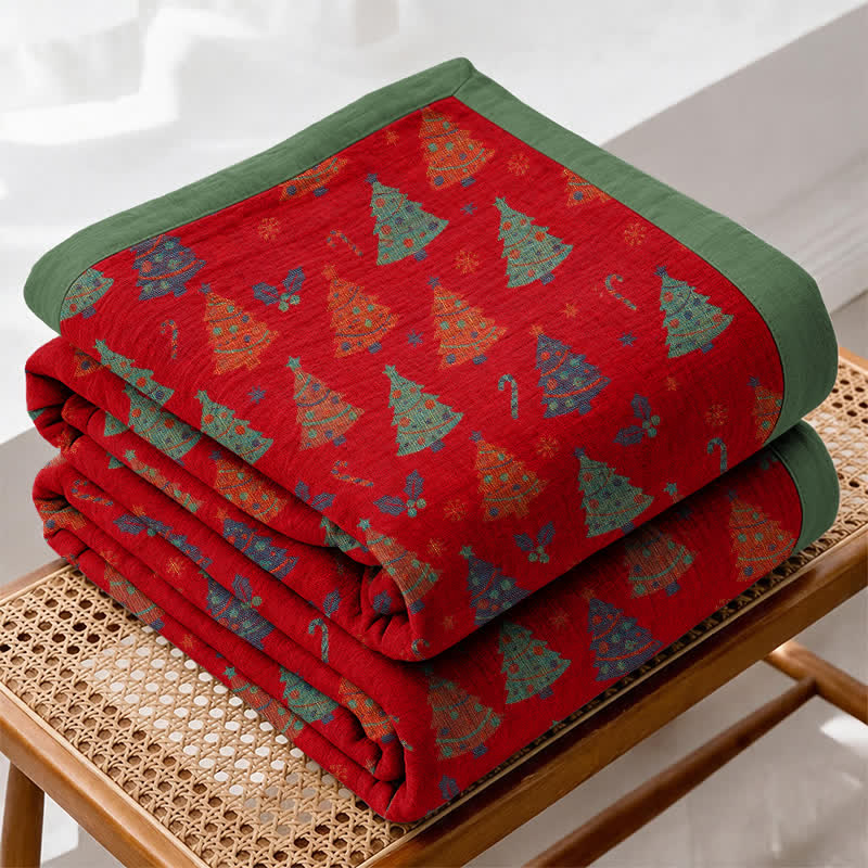 Festive Christmas Tree Cotton Gauze Blanket - Red - Blanket - 92" x 104" - image 0