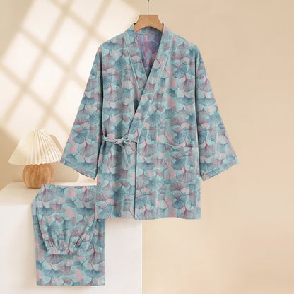 Retro Ginkgo Leaf Cotton Kimono Pajama Set - image 4
