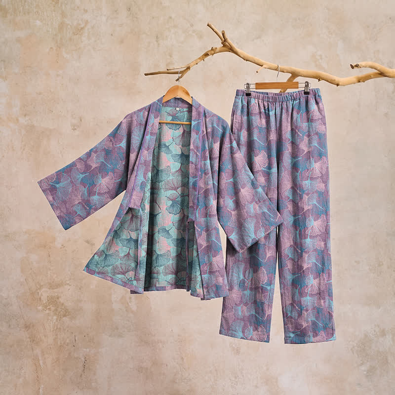 Retro Ginkgo Leaf Cotton Kimono Pajama Set - image 9
