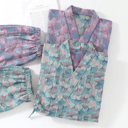 Retro Ginkgo Leaf Cotton Kimono Pajama Set - image 5