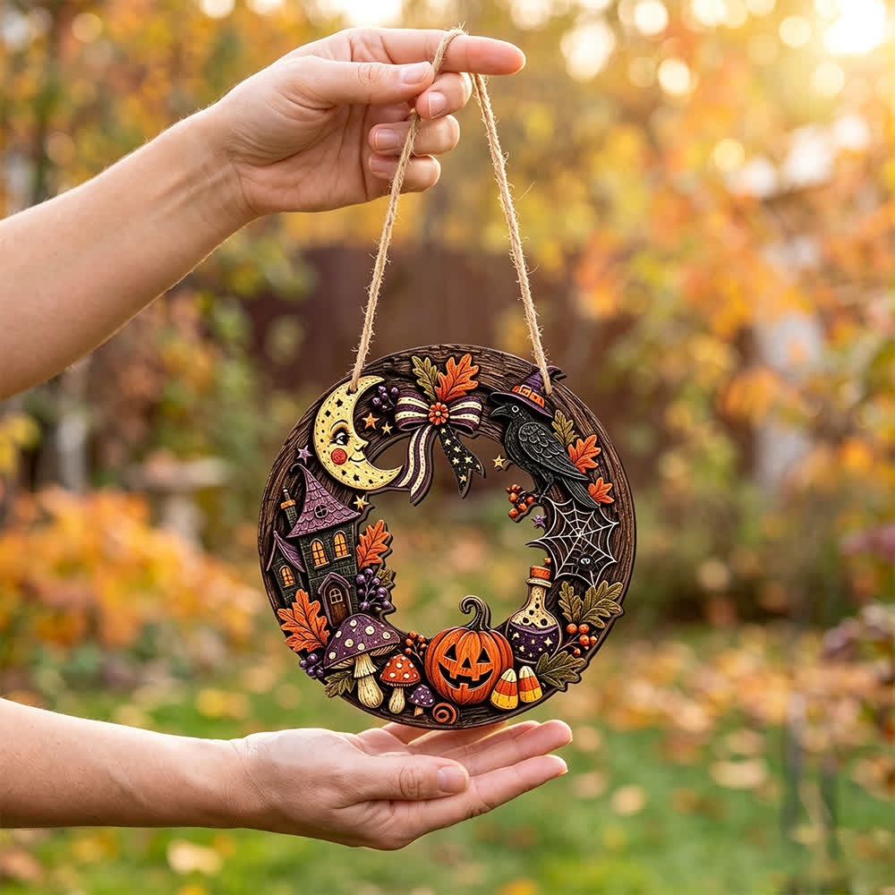 Halloween Wooden Wreath Sign with Jute Rope - Witch House - 4PCS - 7.87" - image 3