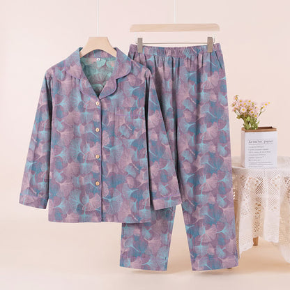 Ginkgo Leaf Cotton Notched‑Collar Loungewear Set - Purple - XL - image 5