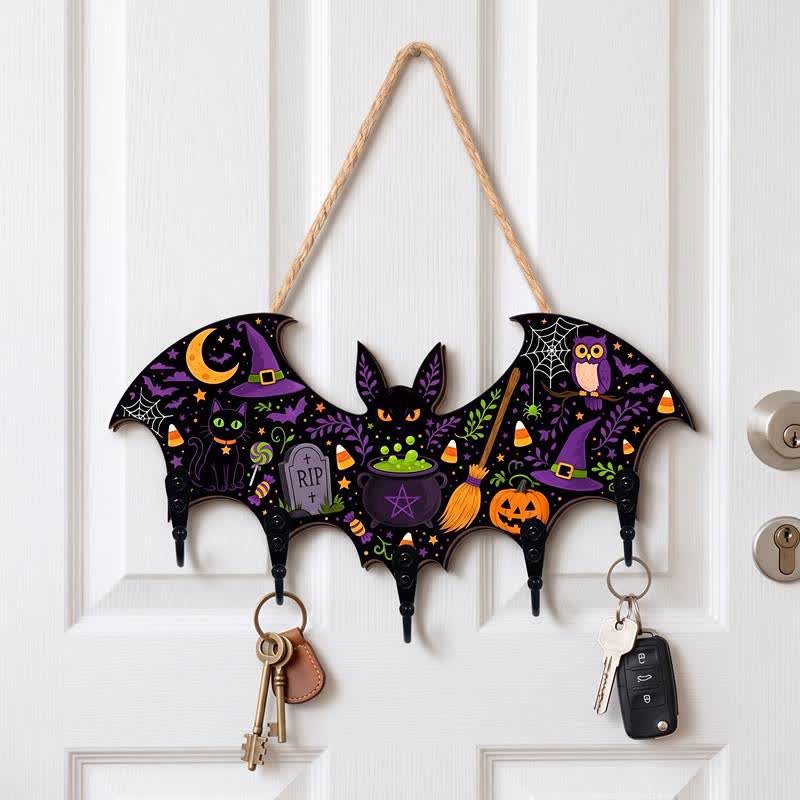 Halloween Bat Shaped Wooden Key Holder - Witch Cat & Cauldron - 4PCS - 12"L x 5"H - image 2