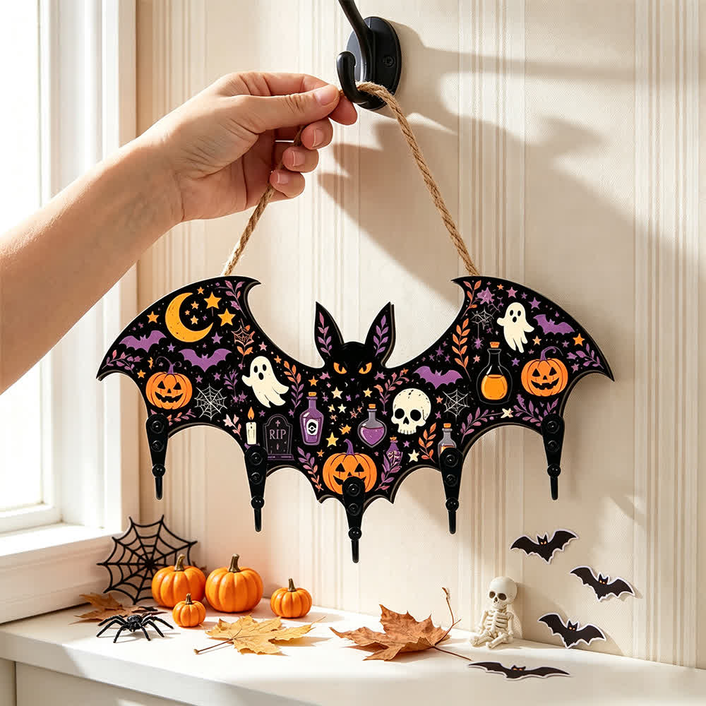 Halloween Bat Shaped Wooden Key Holder - Ghost & Skull - 4PCS - 12"L x 5"H - image 0