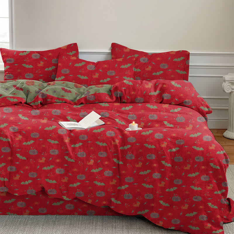 Halloween Pumpkin Bat Cotton Bedding Set - Red - Bedding Set(4PCS) - King - image 0