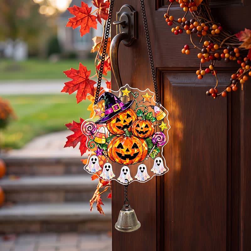 Halloween Acrylic Suncatcher Hanging Ornament with Bell - Stacked Pumpkins - 5PCS - image 0