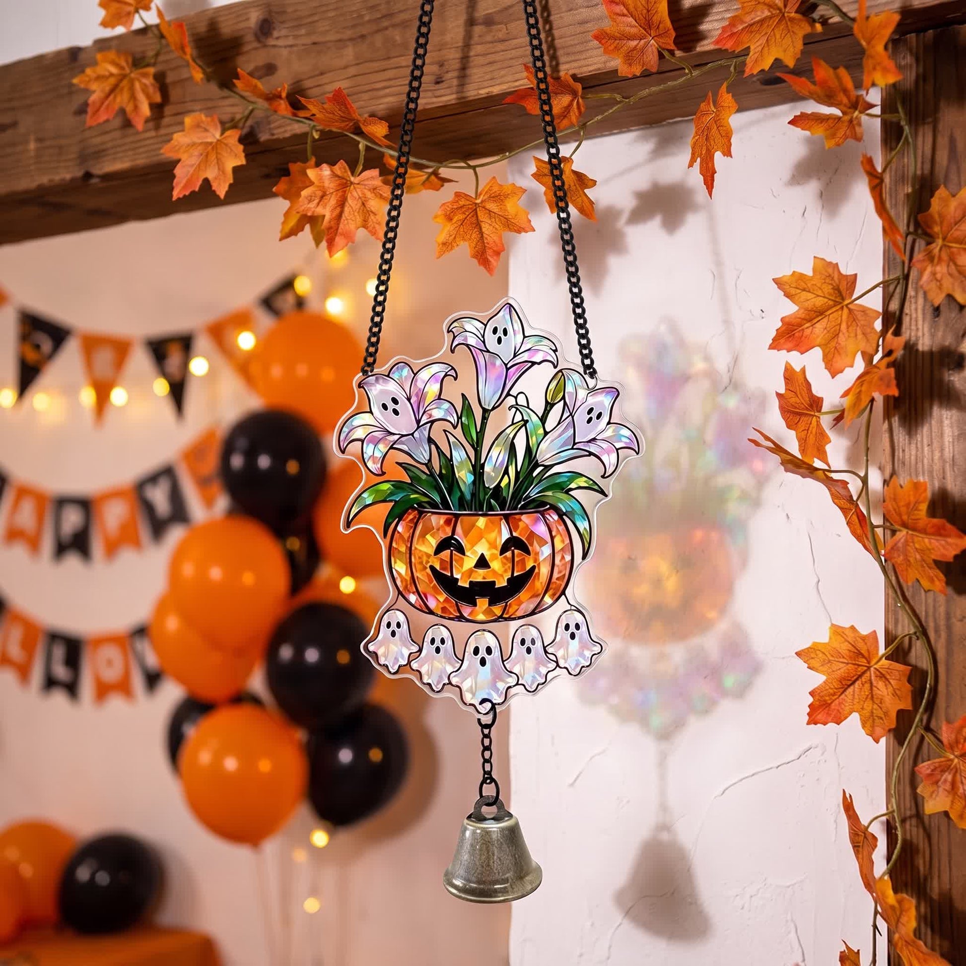 Halloween Acrylic Suncatcher Hanging Ornament with Bell - Pumpkin Pot - 5PCS - image 5