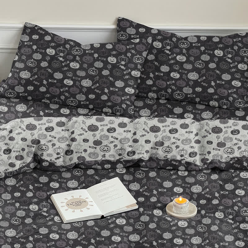 Halloween Monochrome Pumpkin Cotton Bedding Set - Black - 2PCS Pillowcases - 20" x 37" - image 7