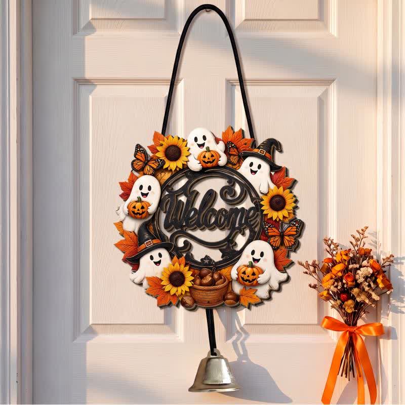 Gothic Wooden Halloween Welcome Door Sign - Ghost Wreath - 5PCS - image 1