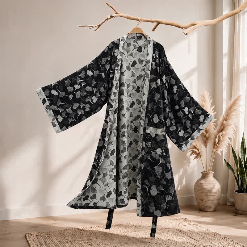 Black White Ginkgo Leaf Cotton Kimono Robe - Black - 2XL - image 0