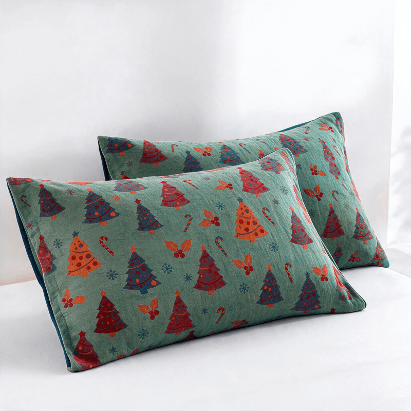Festive Christmas Tree Cotton Gauze Blanket - Green - 2PCS Pillowcases - 20" x 36" - image 11