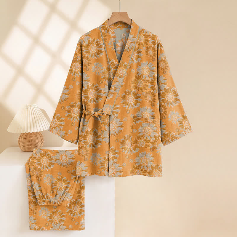 Retro Sunflower Cotton Kimono Pajama Set - image 3