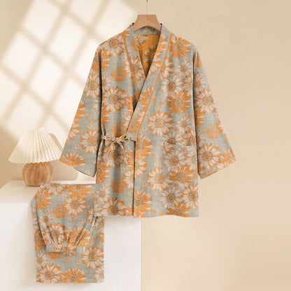 Retro Sunflower Cotton Kimono Pajama Set - image 9