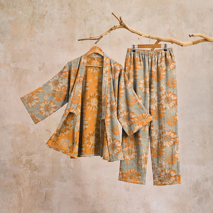Retro Sunflower Cotton Kimono Pajama Set - image 10