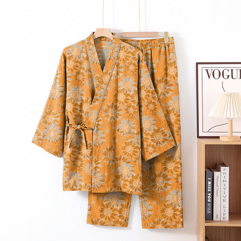 Retro Sunflower Cotton Kimono Pajama Set - Orange - XL - image 1