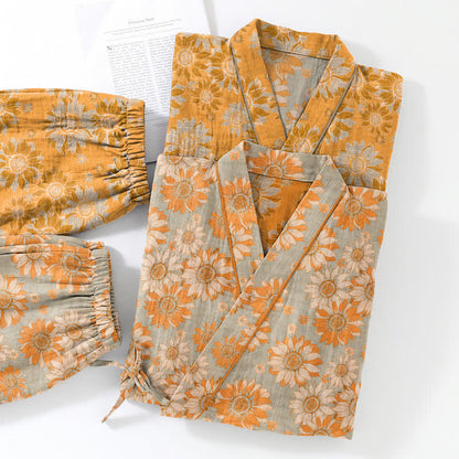 Retro Sunflower Cotton Kimono Pajama Set - image 11