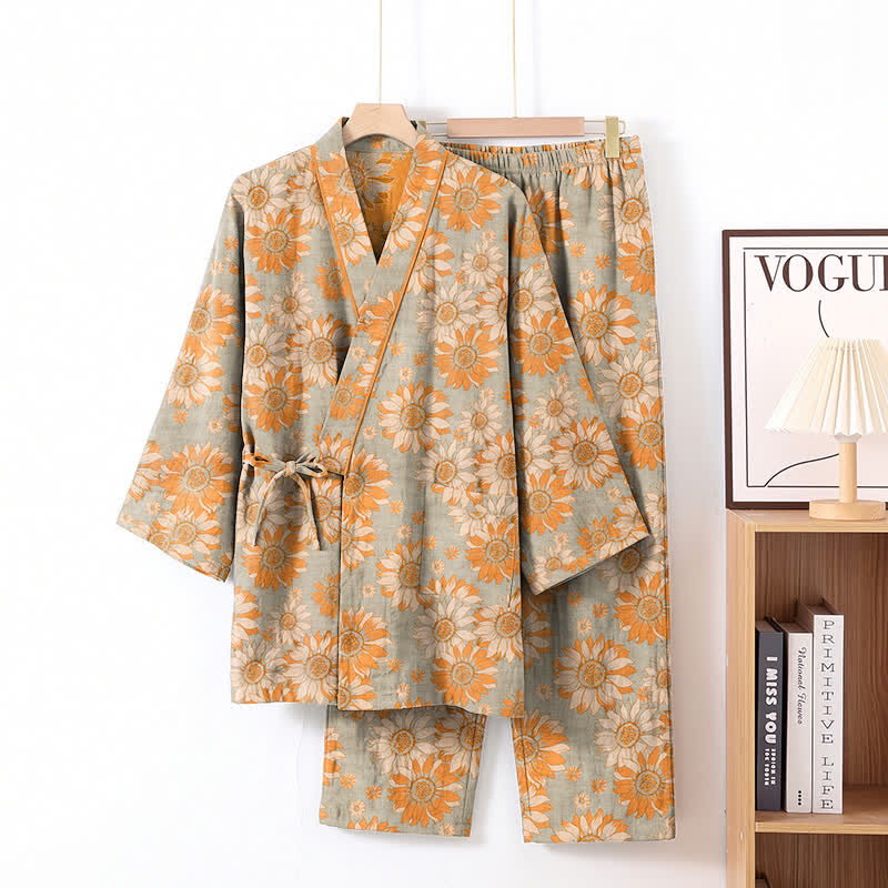 Retro Sunflower Cotton Kimono Pajama Set - Light Gray - XL - image 6