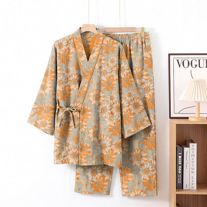 Retro Sunflower Cotton Kimono Pajama Set - Light Gray - XL - image 6