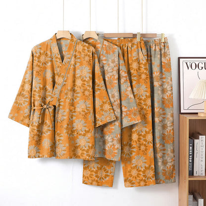 Retro Sunflower Cotton Kimono Pajama Set - image 0