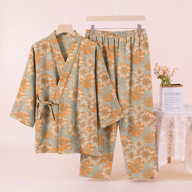 Retro Sunflower Cotton Kimono Pajama Set - image 8