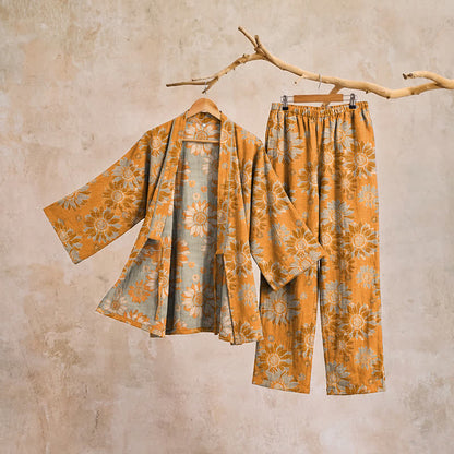 Retro Sunflower Cotton Kimono Pajama Set - image 4