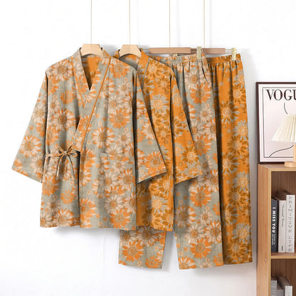 Retro Sunflower Cotton Kimono Pajama Set - image 7